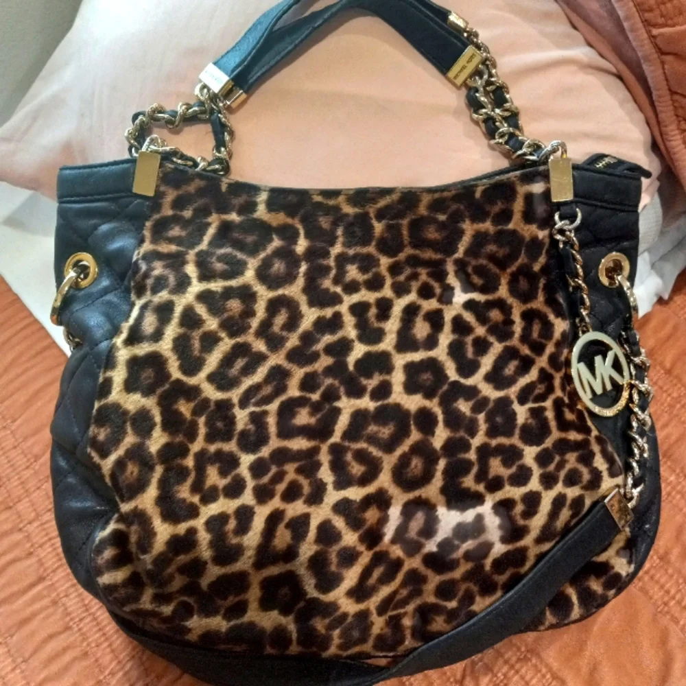 Michael Kors Leopard Print Tan and Black Chain-Accent Shoulder Bag